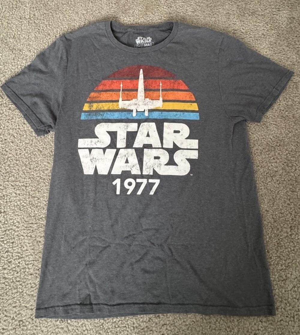 Star Wars 1977 T Shirt Mens Medium Gray X-Wing Retro Sunset Mad Engine Disney